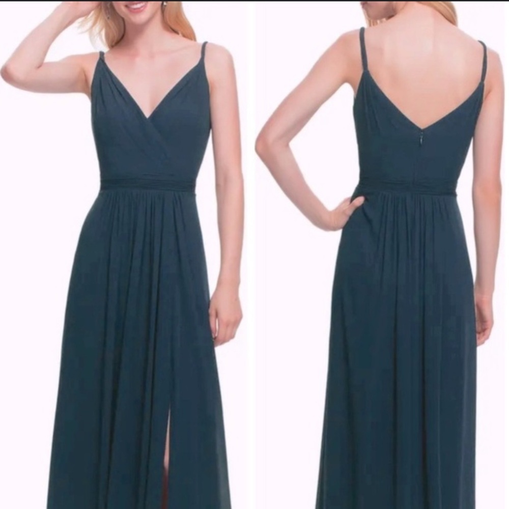 Blue Ruched Maxi Dress with V-Neck and Slit